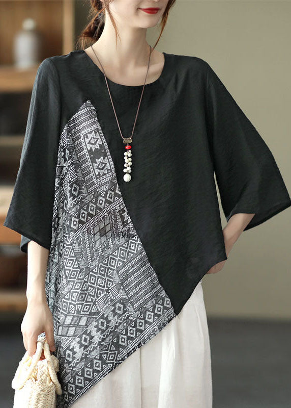 Loose Black Asymmetrical Patchwork Shirts Half Sleeve
