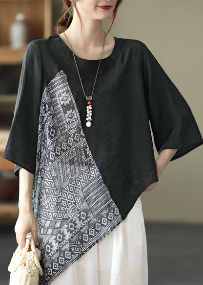 Loose Black Asymmetrical Patchwork Shirts Half Sleeve