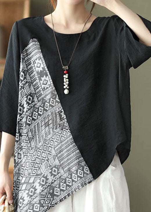 Lose Schwarze Asymmetrische Patchwork Shirts Halbe Ärmel