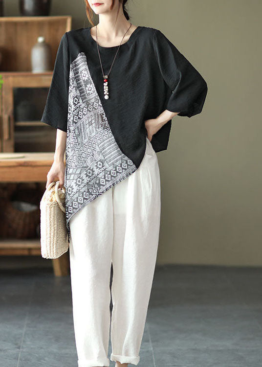 Loose Black Asymmetrical Patchwork Shirts Half Sleeve