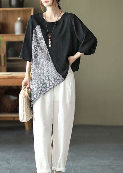 Loose Black Asymmetrical Patchwork Shirts Half Sleeve