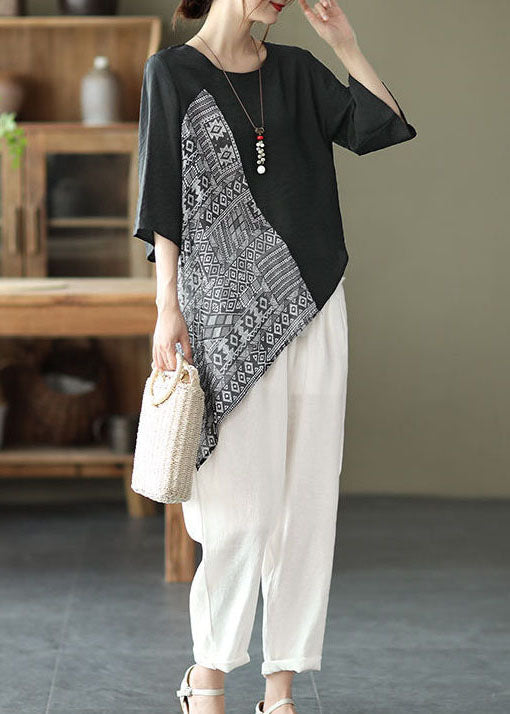 Loose Black Asymmetrical Patchwork Shirts Half Sleeve