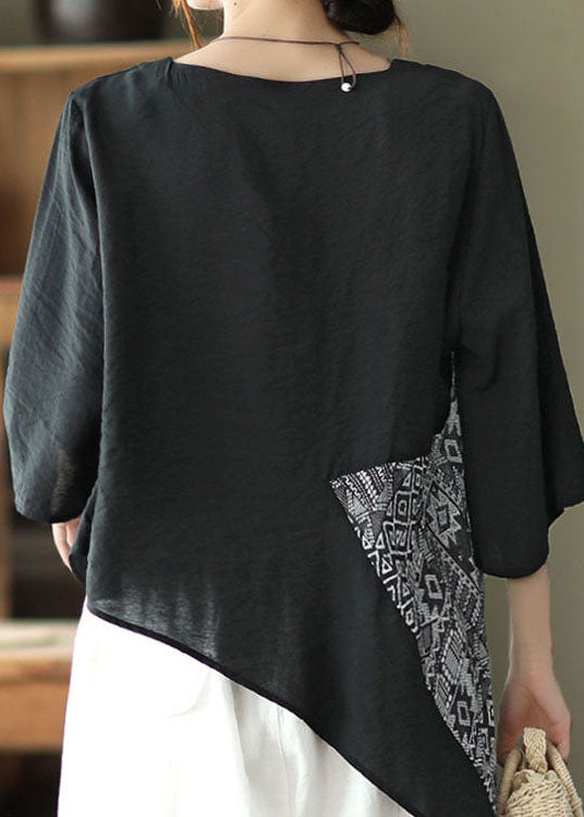 Loose Black Asymmetrical Patchwork Shirts Half Sleeve