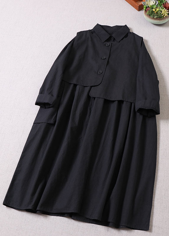 Lose Schwarze Asymmetrische Taschen Baumwolle Zwei Stücke Set kleid + Weste Frühling
