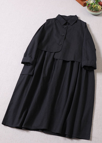 Lose Schwarze Asymmetrische Taschen Baumwolle Zwei Stücke Set kleid + Weste Frühling