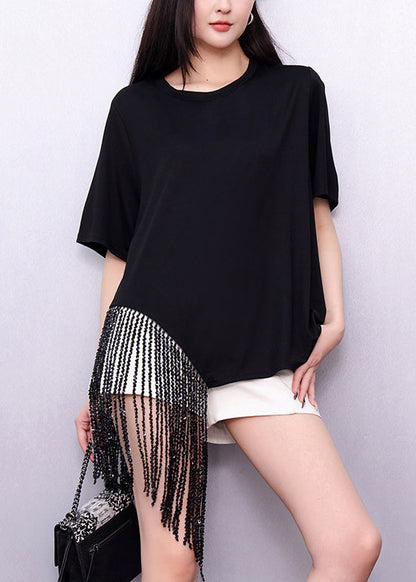 Loose Black Asymmetrical Tasseled Cotton T Shirts Summer