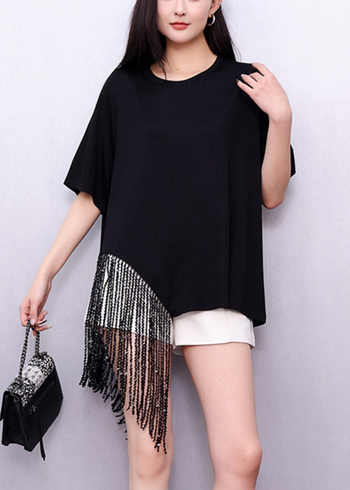 Loose Black Asymmetrical Tasseled Cotton T Shirts Summer
