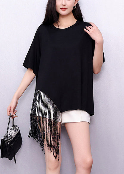 Loose Black Asymmetrical Tasseled Cotton T Shirts Summer