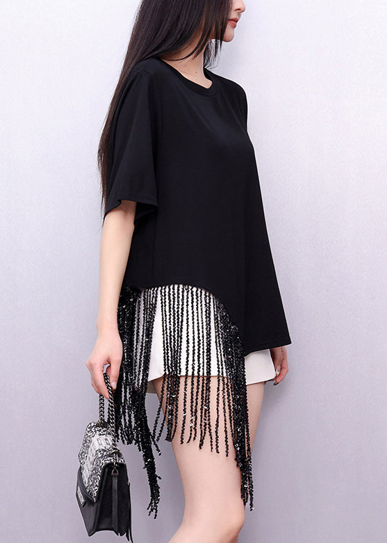 Loose Black Asymmetrical Tasseled Cotton T Shirts Summer
