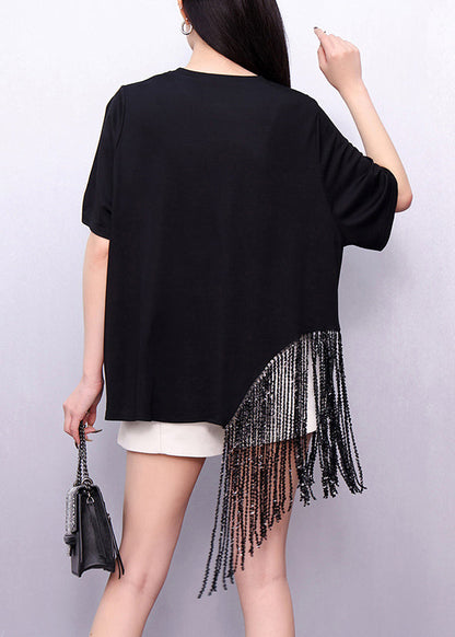 Loose Black Asymmetrical Tasseled Cotton T Shirts Summer