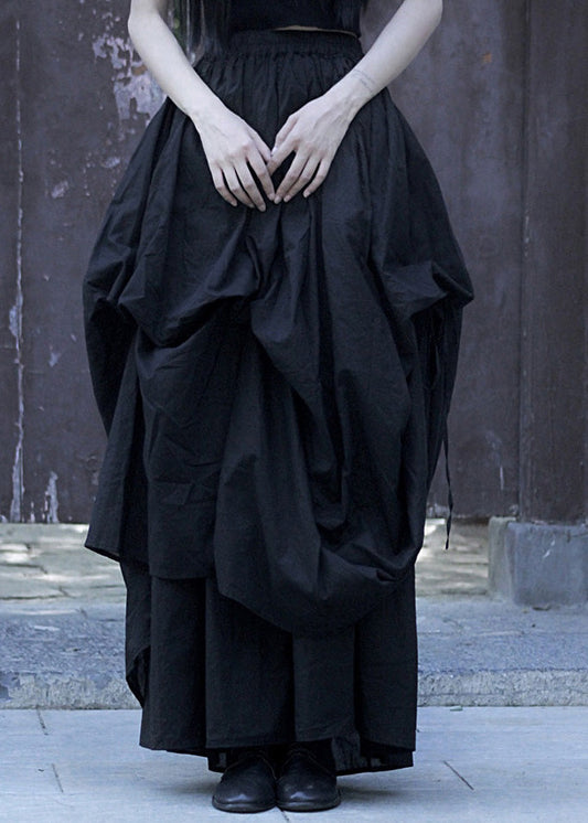 Lose Schwarz Asymmetrische Wrinkled Elastische Taille Baumwolle Rock Sommer