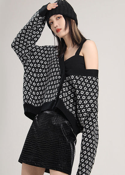 Lose Schwarze Knopf Strickpullover Mantel Frühling