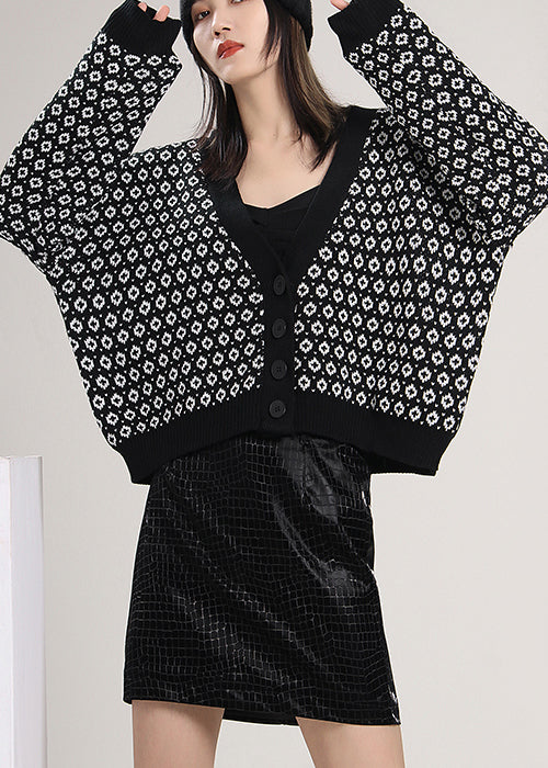 Lose Schwarze Knopf Strickpullover Mantel Frühling