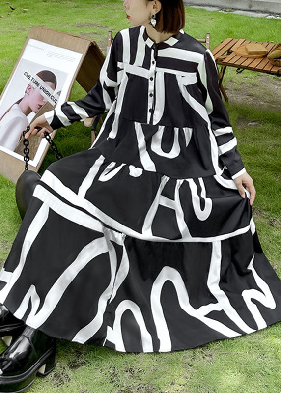 Lose schwarze Knopf Patchwork Print Herbst Langarm Lange Kleider