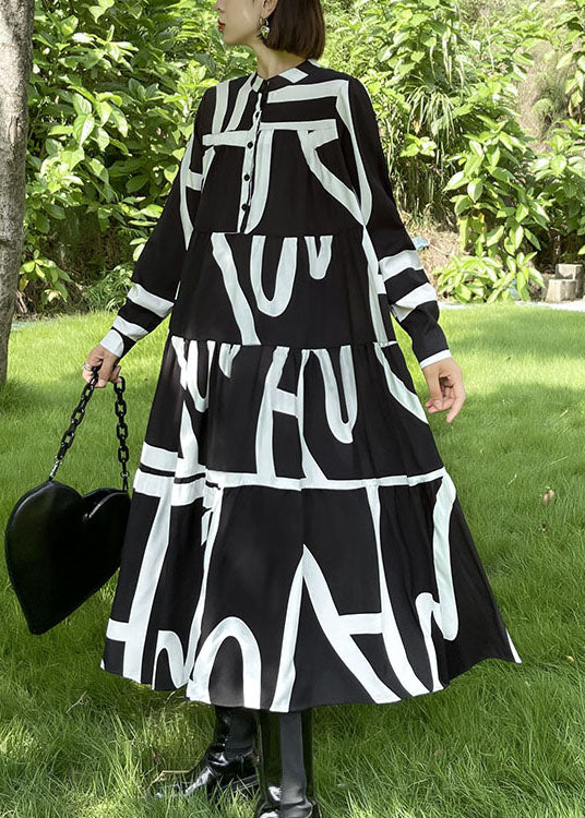 Lose schwarze Knopf Patchwork Print Herbst Langarm Lange Kleider