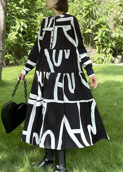 Lose schwarze Knopf Patchwork Print Herbst Langarm Lange Kleider