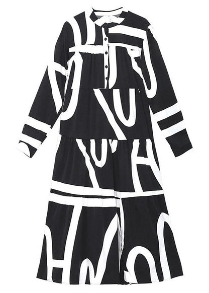 Lose schwarze Knopf Patchwork Print Herbst Langarm Lange Kleider