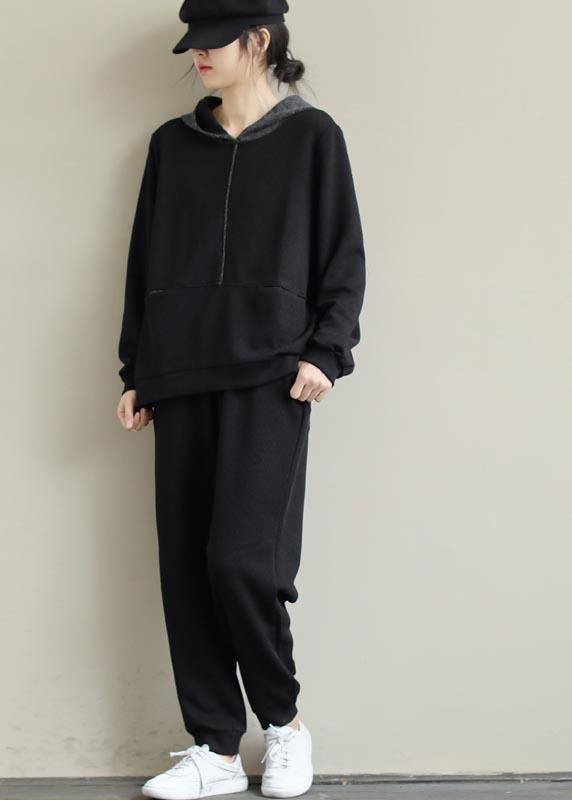 Loose Black Color Matching Hoodie and Elastic Pants Casual Suit - SooLinen