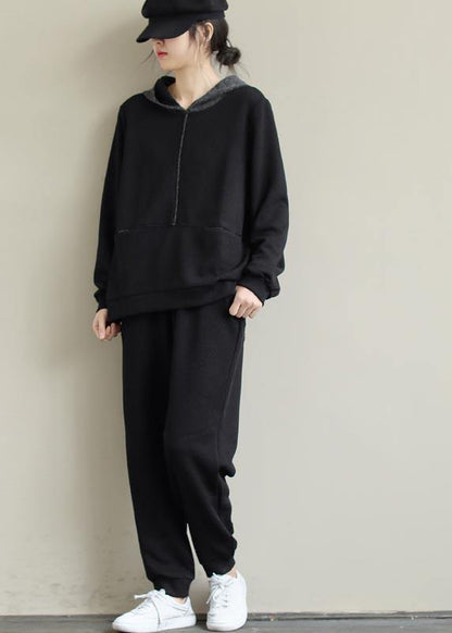 Loose Black Color Matching Hoodie and Elastic Pants Casual Suit - SooLinen