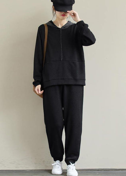 Loose Black Color Matching Hoodie and Elastic Pants Casual Suit - SooLinen