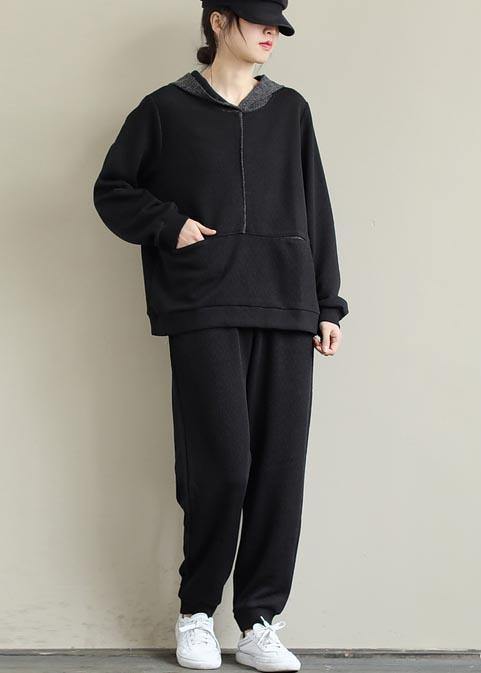Loose Black Color Matching Hoodie and Elastic Pants Casual Suit - SooLinen