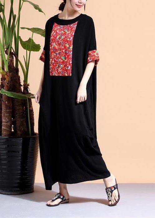 Loose Black Dresses O Neck Patchwork Cotton Robes Dress - SooLinen