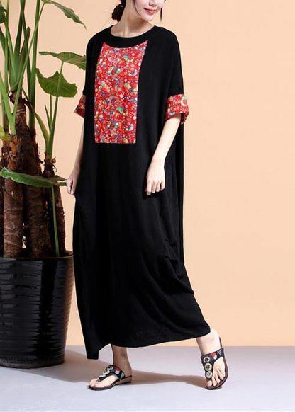 Loose Black Dresses O Neck Patchwork Cotton Robes Dress - SooLinen