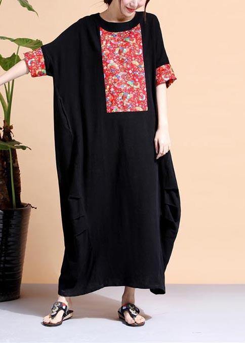 Loose Black Dresses O Neck Patchwork Cotton Robes Dress - SooLinen