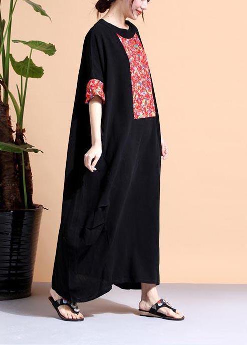 Loose Black Dresses O Neck Patchwork Cotton Robes Dress - SooLinen