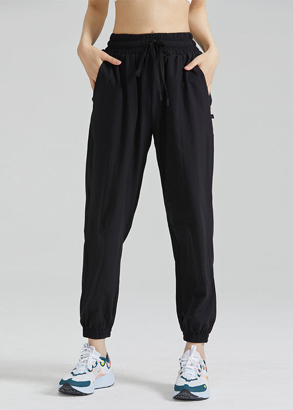 Loose Black Elastic Waist Tie Waist Yoga Lantern Pants