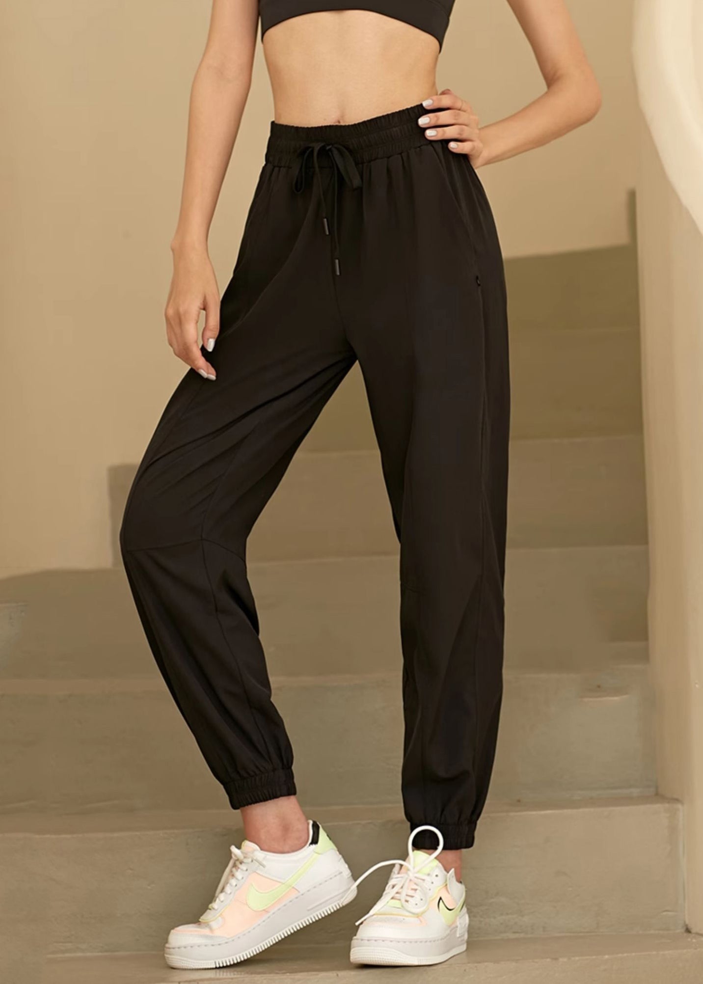 Loose Black Elastic Waist Tie Waist Yoga Lantern Pants