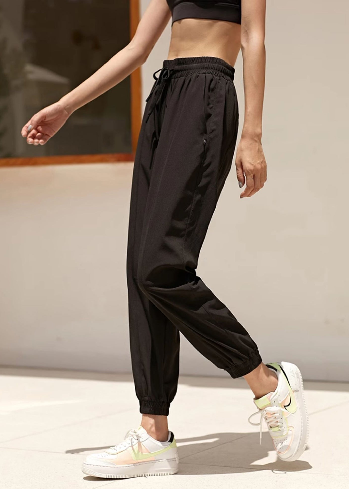 Loose Black Elastic Waist Tie Waist Yoga Lantern Pants