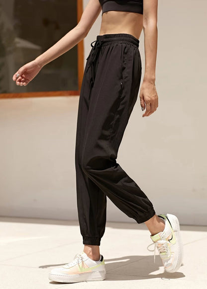 Loose Black Elastic Waist Tie Waist Yoga Lantern Pants