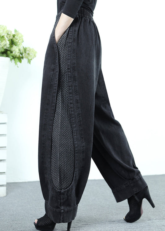 Lose Schwarz Grau Patchwork Elastische Taille Denim Crop Hosen Herbst