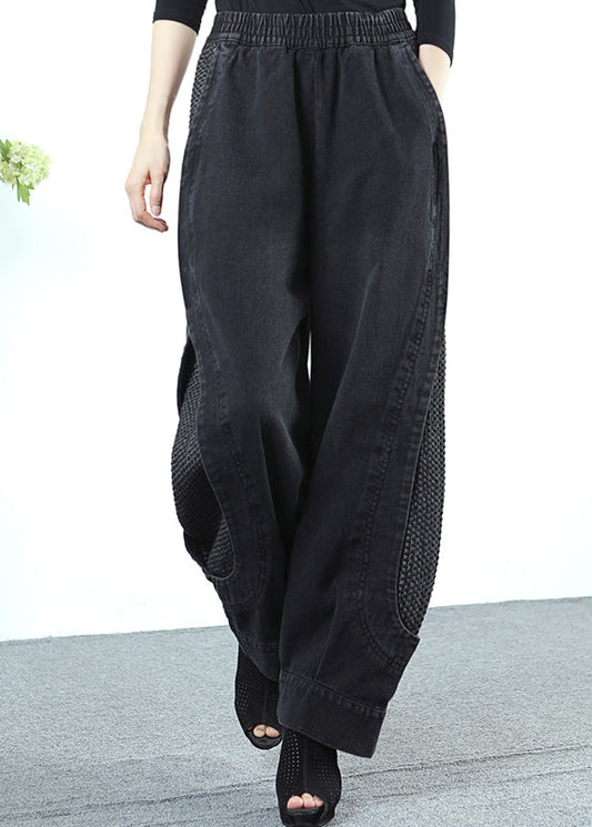 Lose Schwarz Grau Patchwork Elastische Taille Denim Crop Hosen Herbst