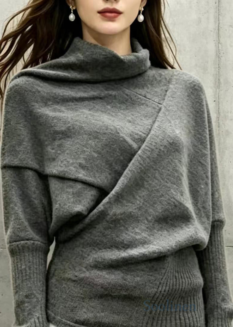 Loose Black Grey Turtleneck Asymmetrical Knit Top Batwing Sleeve