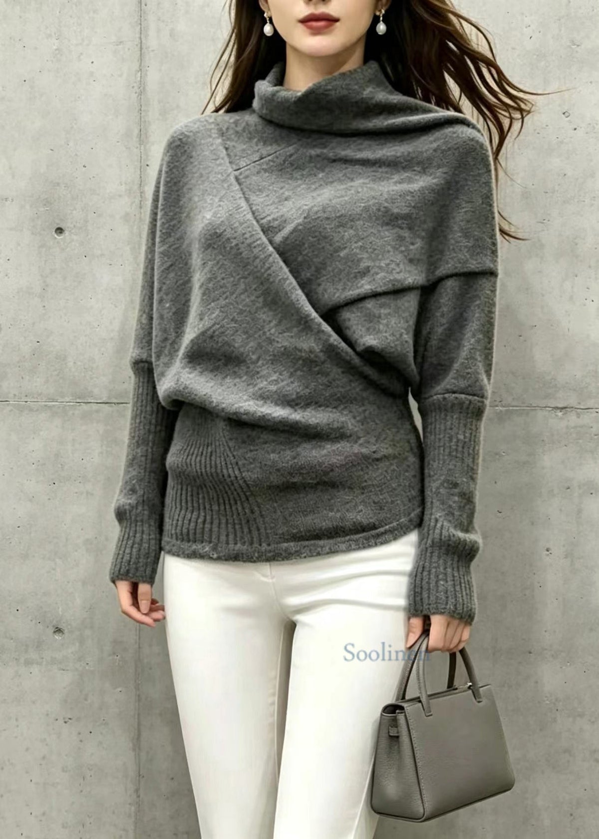 Loose Black Grey Turtleneck Asymmetrical Knit Top Batwing Sleeve