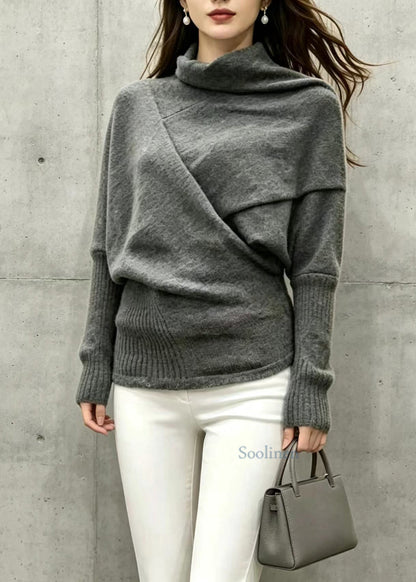 Loose Black Grey Turtleneck Asymmetrical Knit Top Batwing Sleeve