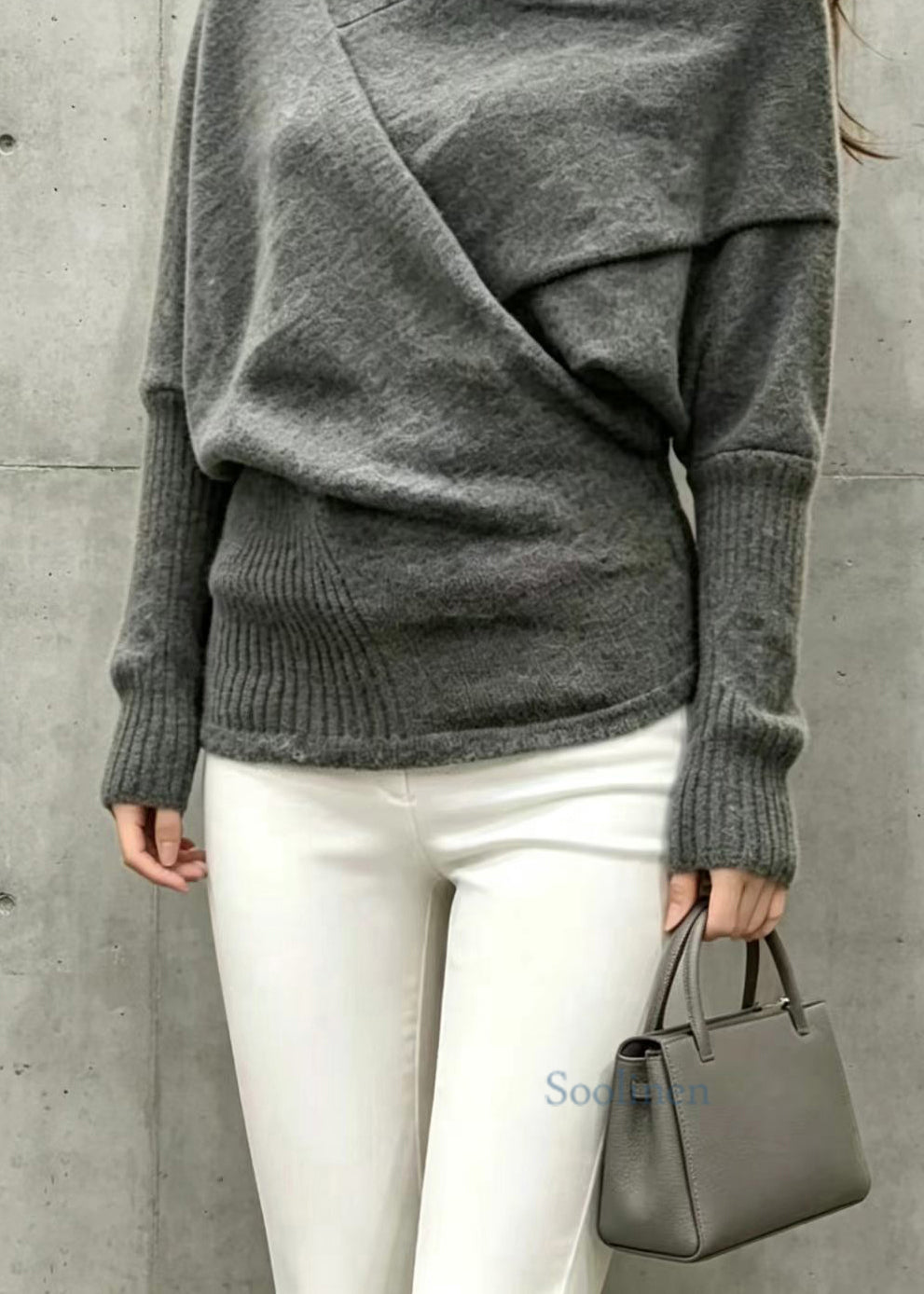 Loose Black Grey Turtleneck Asymmetrical Knit Top Batwing Sleeve
