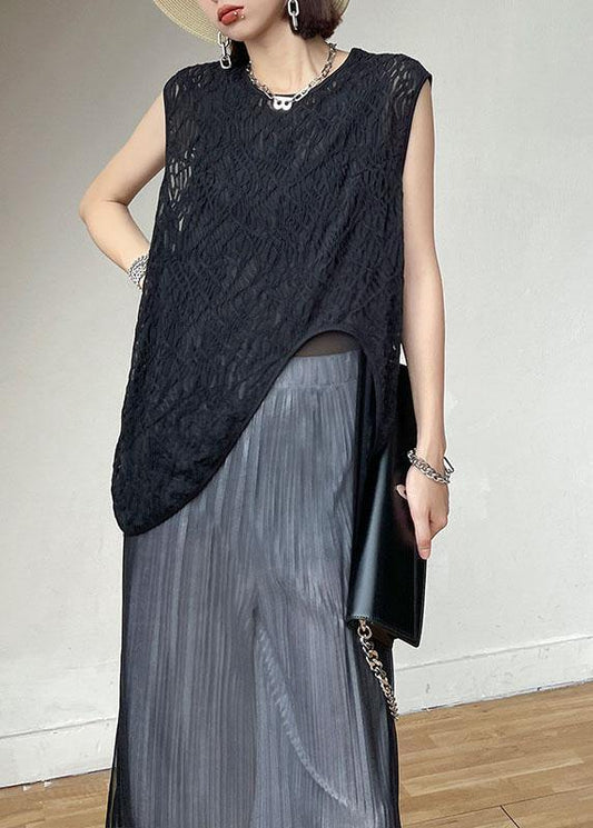 Loose Black Hollow Out asymmetrical design Sleeveless Tanks Summer - SooLinen