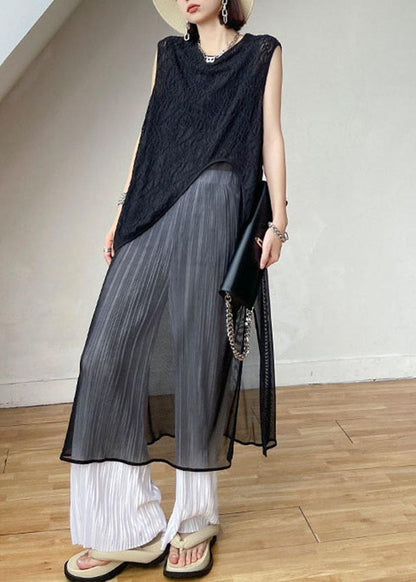 Loose Black Hollow Out asymmetrical design Sleeveless Tanks Summer - SooLinen