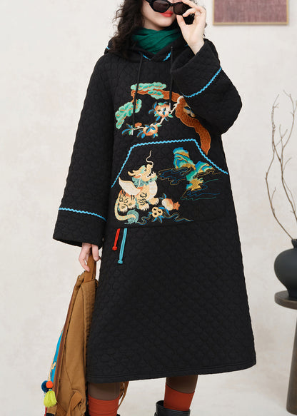 Loose Black Hooded Embroidered Pockets Cotton Filled Dress Winter
