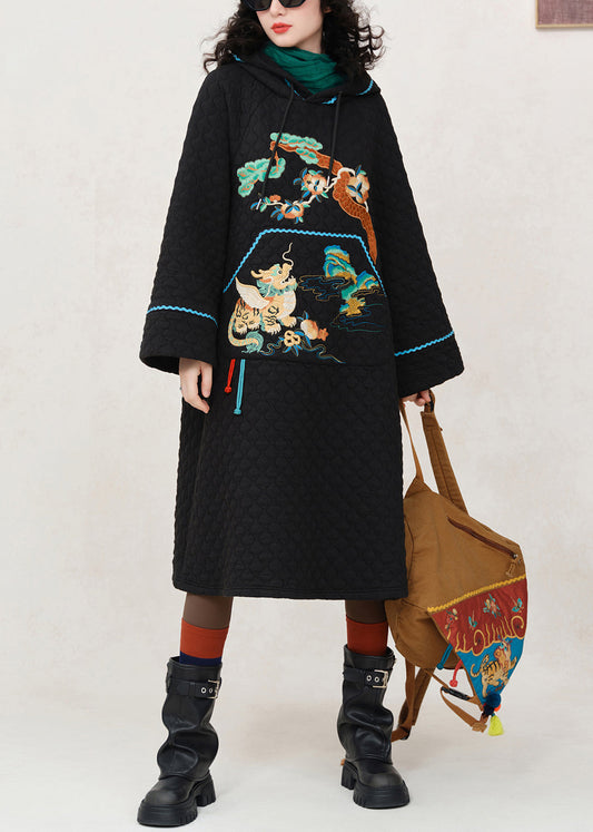Loose Black Hooded Embroidered Pockets Cotton Filled Dress Winter