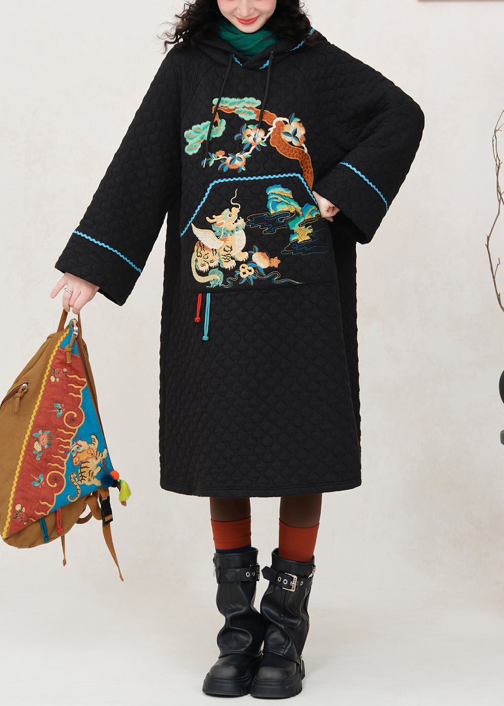 Loose Black Hooded Embroidered Pockets Cotton Filled Dress Winter