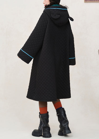 Loose Black Hooded Embroidered Pockets Cotton Filled Dress Winter