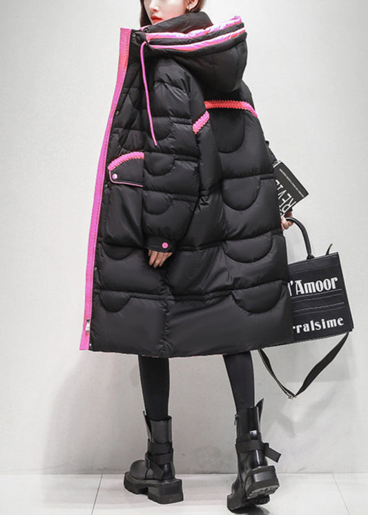 Abrigo acolchado de plumón de pato con parches y bolsillos negros holgados con cordones para invierno