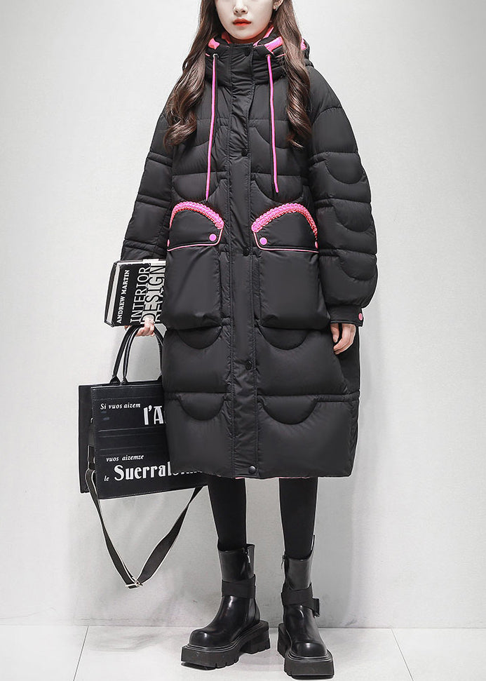 Abrigo acolchado de plumón de pato con parches y bolsillos negros holgados con cordones para invierno