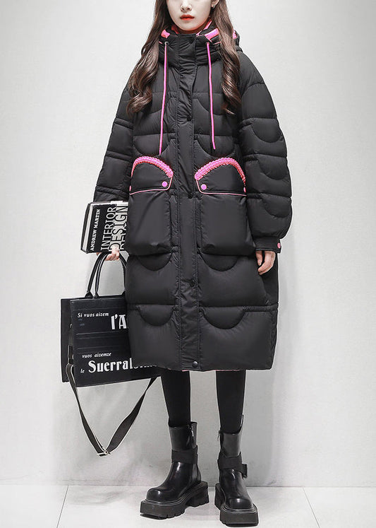 Abrigo acolchado de plumón de pato con parches y bolsillos negros holgados con cordones para invierno