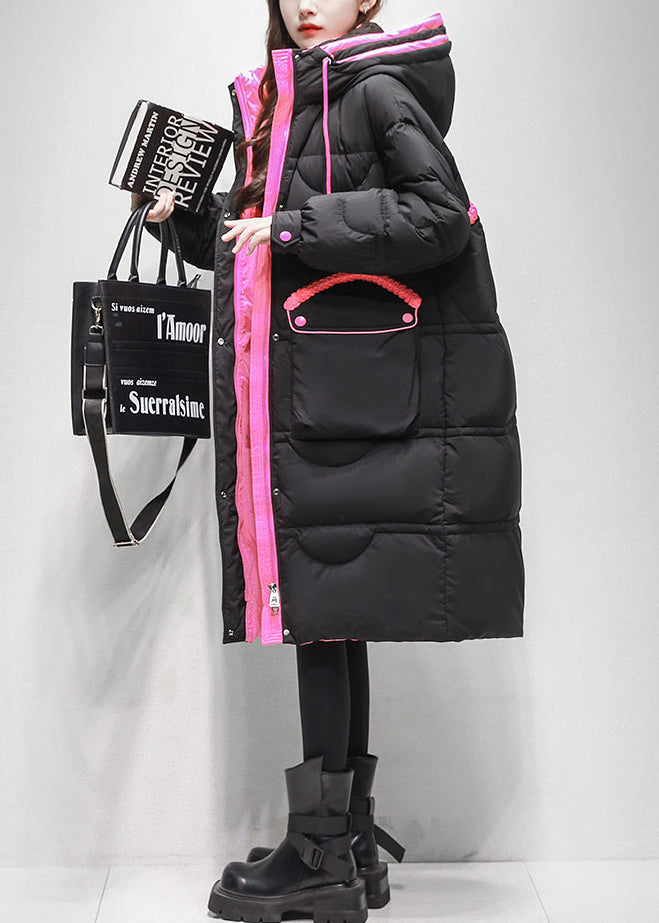 Abrigo acolchado de plumón de pato con parches y bolsillos negros holgados con cordones para invierno