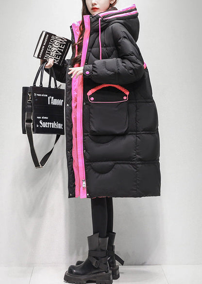 Abrigo acolchado de plumón de pato con parches y bolsillos negros holgados con cordones para invierno